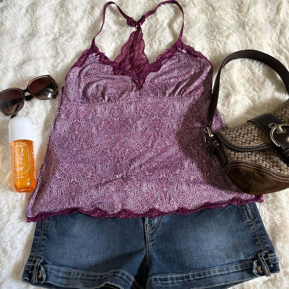 Bohemela Paisley Camisole Tank Top Purple Lace Trim